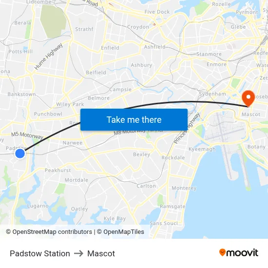 Padstow Station to Mascot map