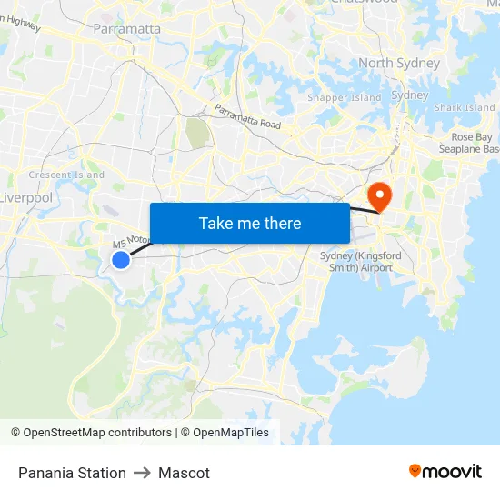 Panania Station to Mascot map