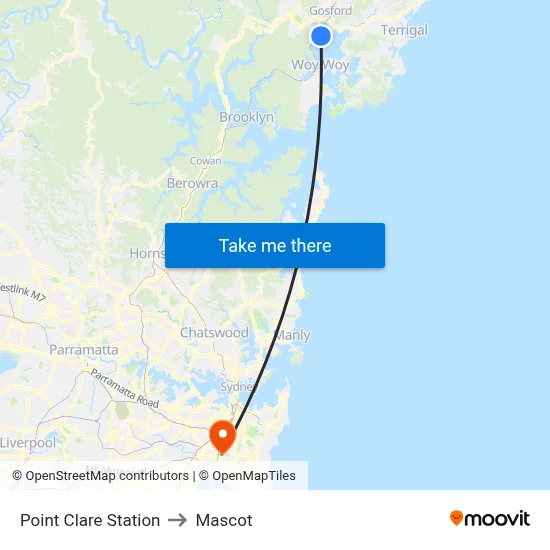 Point Clare Station to Mascot map