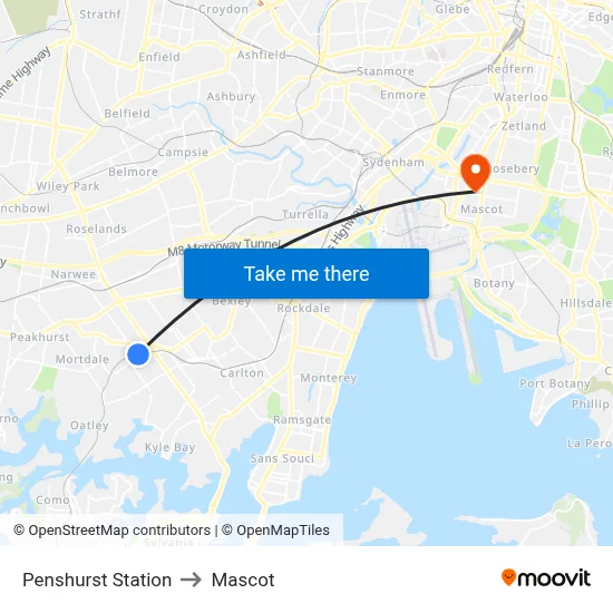 Penshurst Station to Mascot map