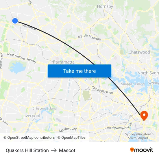 Quakers Hill Station to Mascot map
