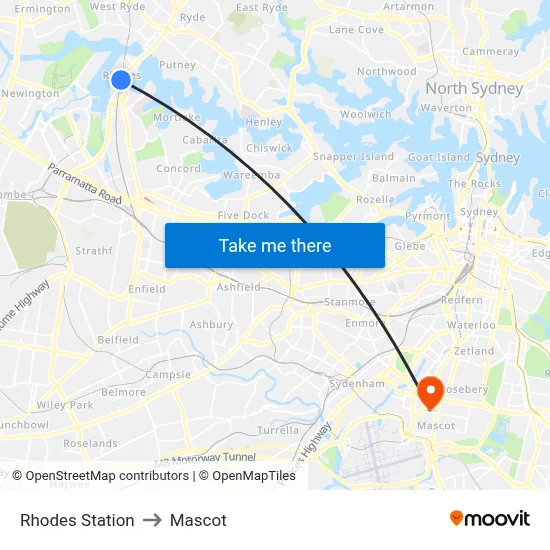 Rhodes Station to Mascot map