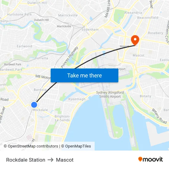 Rockdale Station to Mascot map