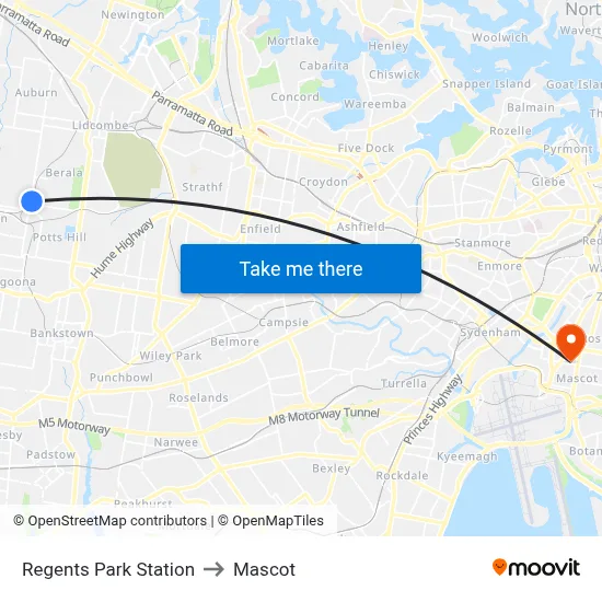 Regents Park Station to Mascot map
