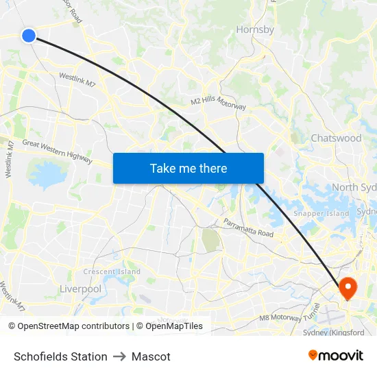 Schofields Station to Mascot map