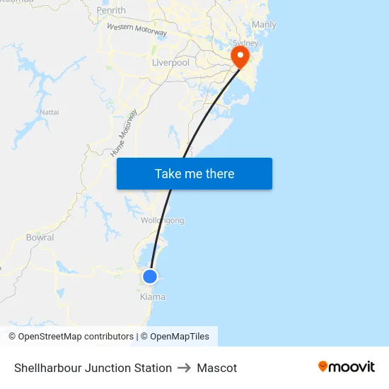 Shellharbour Junction Station to Mascot map