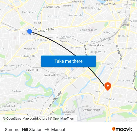 Summer Hill Station to Mascot map