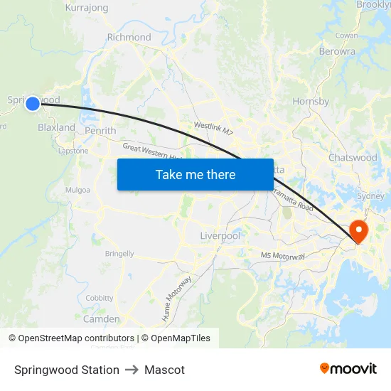 Springwood Station to Mascot map