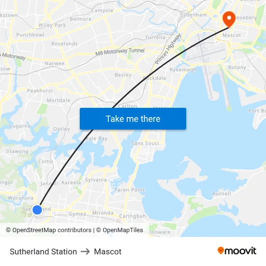 Sutherland Station to Mascot map