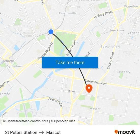 St Peters Station to Mascot map