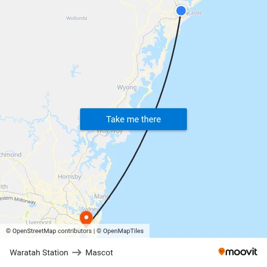 Waratah Station to Mascot map