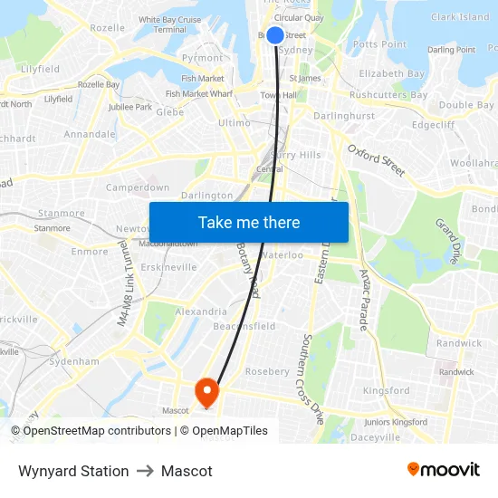 Wynyard Station to Mascot map