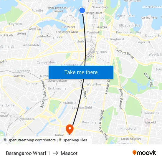Barangaroo Wharf 1 to Mascot map
