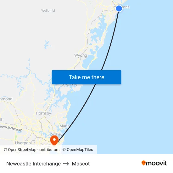 Newcastle Interchange Station to Mascot map