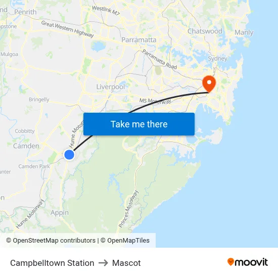 Campbelltown Station to Mascot map