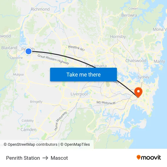 Penrith Station to Mascot map