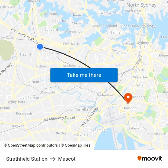 Strathfield Station to Mascot map