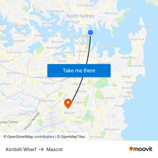 Kirribilli Wharf to Mascot map