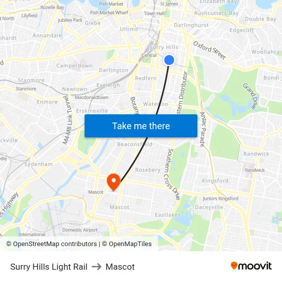 Surry Hills Light Rail to Mascot map