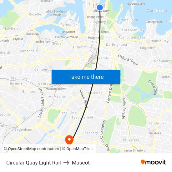 Circular Quay Light Rail to Mascot map
