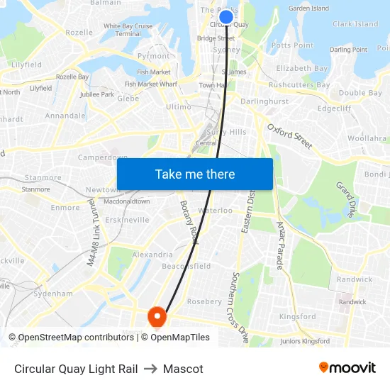 Circular Quay Light Rail to Mascot map