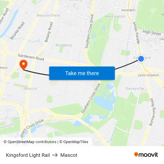 Kingsford Light Rail to Mascot map