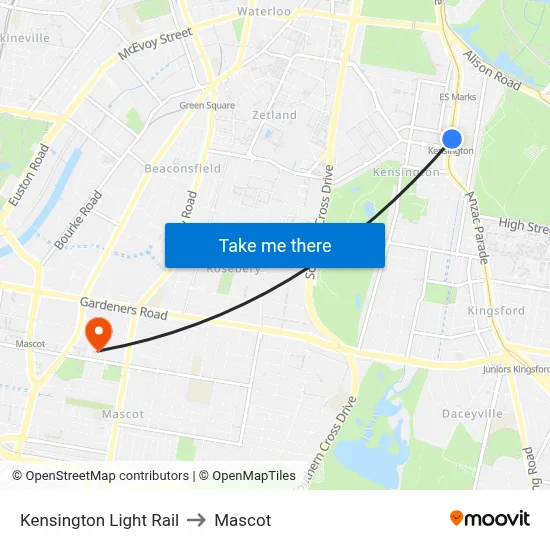 Kensington Light Rail to Mascot map