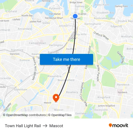 Town Hall Light Rail to Mascot map