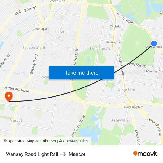 Wansey Road Light Rail to Mascot map