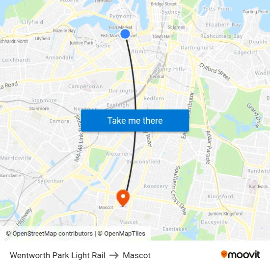 Wentworth Park Light Rail to Mascot map