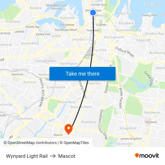 Wynyard Light Rail to Mascot map