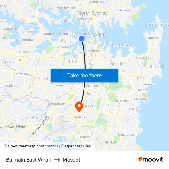 Balmain East Wharf to Mascot map