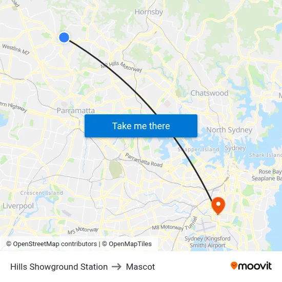 Hills Showground Station to Mascot map
