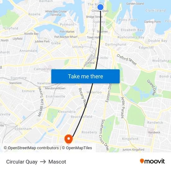 Circular Quay to Mascot map