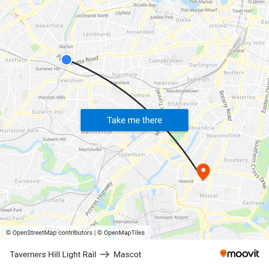 Taverners Hill Light Rail to Mascot map