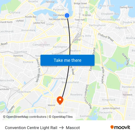 Convention Centre Light Rail to Mascot map