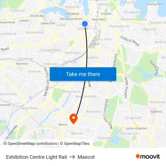 Exhibition Centre Light Rail to Mascot map