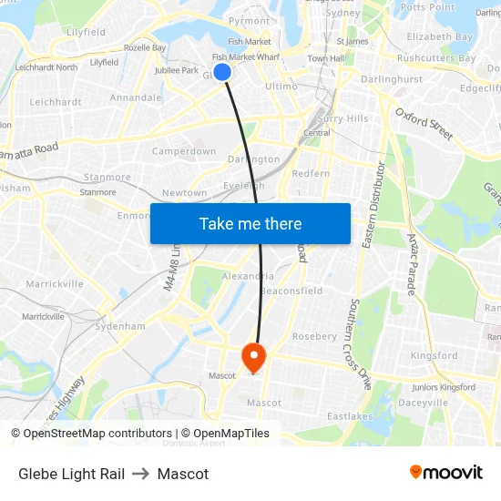 Glebe Light Rail to Mascot map