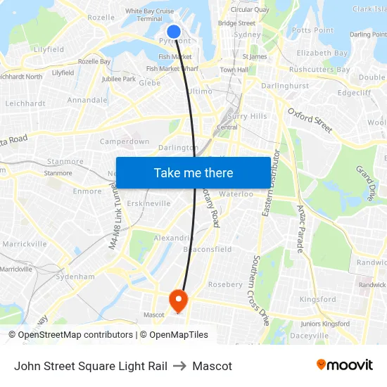 John Street Square Light Rail to Mascot map