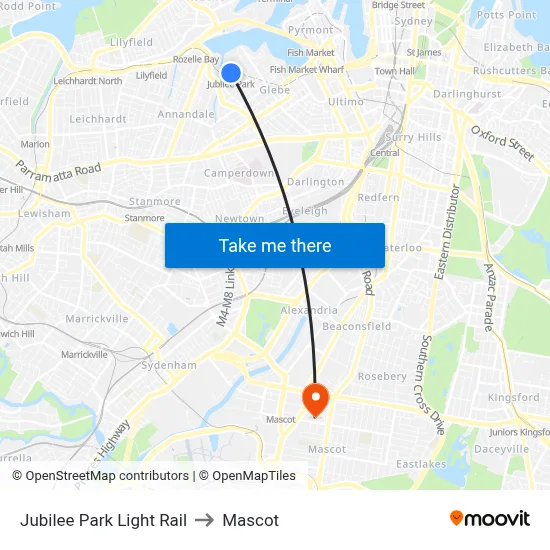 Jubilee Park Light Rail to Mascot map