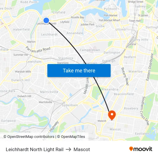 Leichhardt North Light Rail to Mascot map