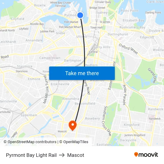 Pyrmont Bay Light Rail to Mascot map