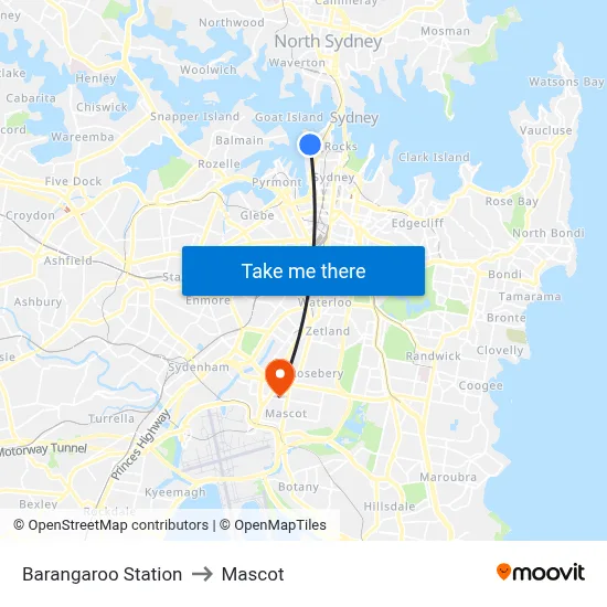 Barangaroo Station to Mascot map