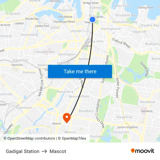 Gadigal Station to Mascot map