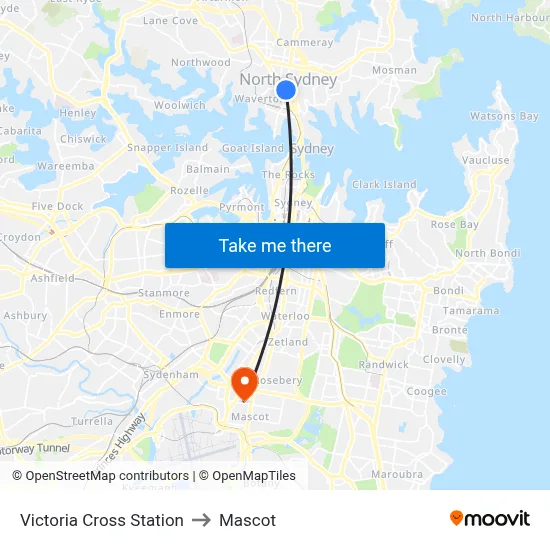Victoria Cross Station to Mascot map
