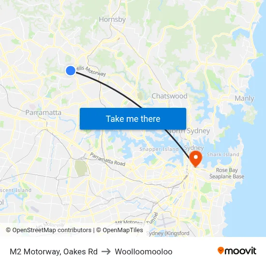 M2 Motorway, Oakes Rd to Woolloomooloo map