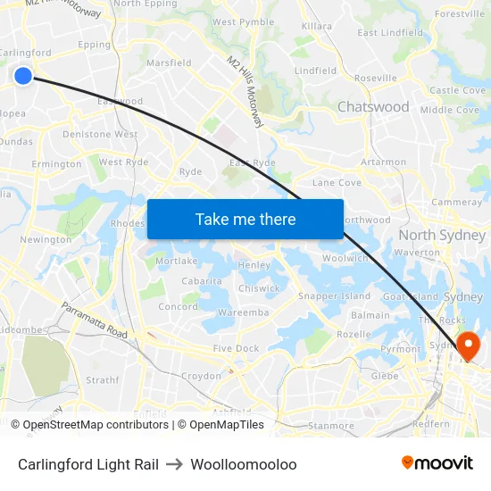 Carlingford Light Rail to Woolloomooloo map