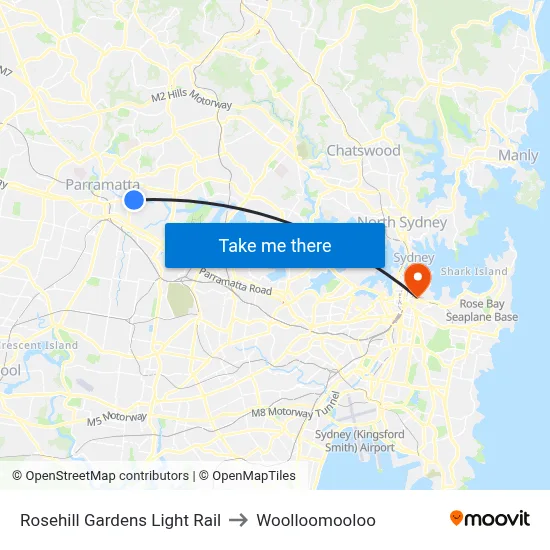Rosehill Gardens Light Rail to Woolloomooloo map