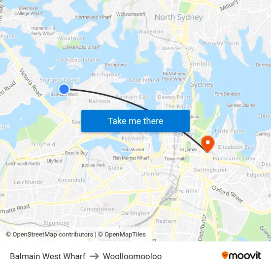 Balmain West Wharf to Woolloomooloo map