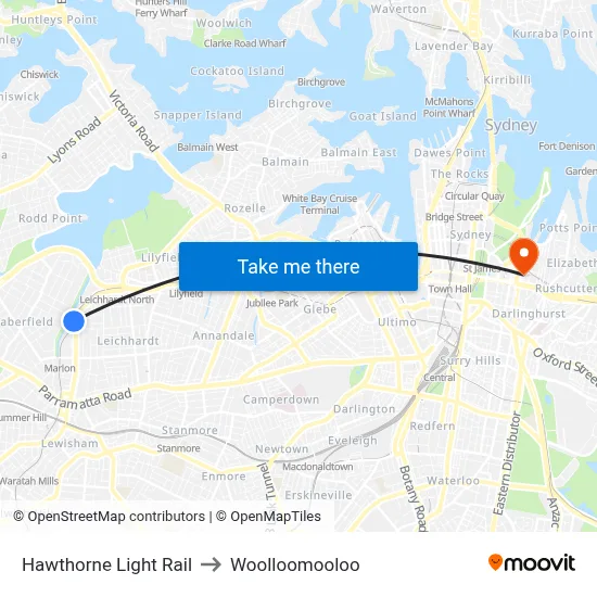 Hawthorne Light Rail to Woolloomooloo map